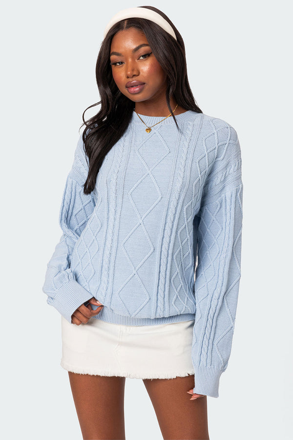 edikted Jessy Cable Knit Oversized Sweater light blue