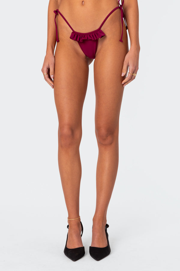Edikted Joelle Ruffled String Bikini Bottom Burgundy