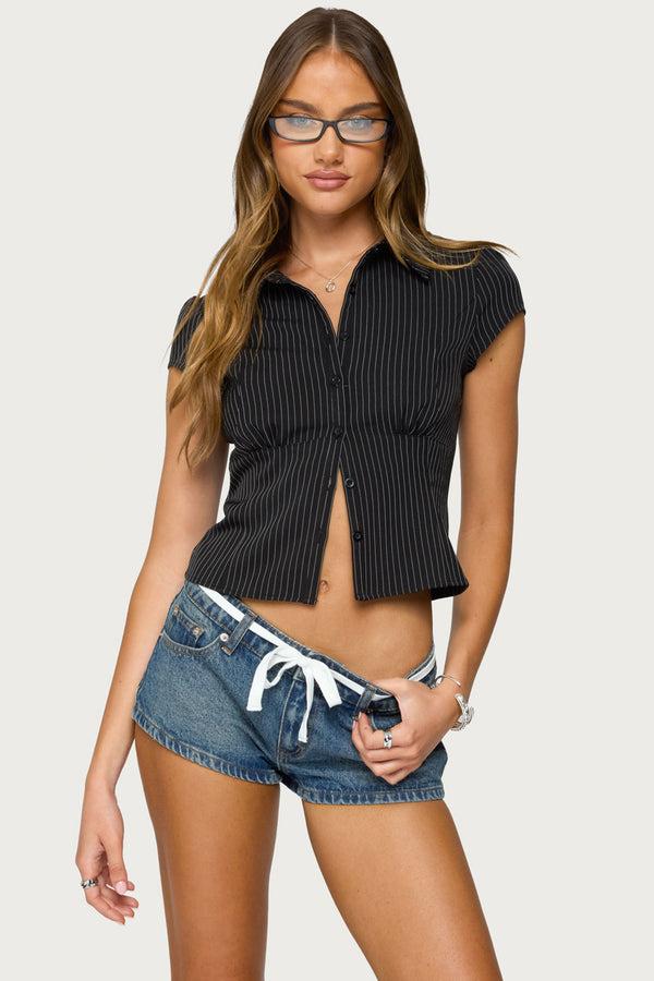 Edikted Juney Pinstripe Tailored Button Up Shirt Black And White