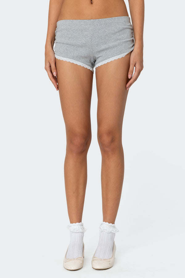 Edikted Kadence Ruched Lace Trim Shorts Gray Melange