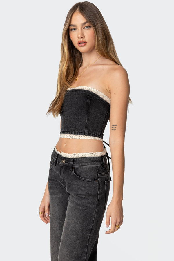 Edikted Karlie Lace Trim Denim Tube Top Black Washed