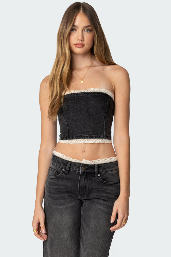 edikted Karlie Lace Trim Denim Tube Top black washed