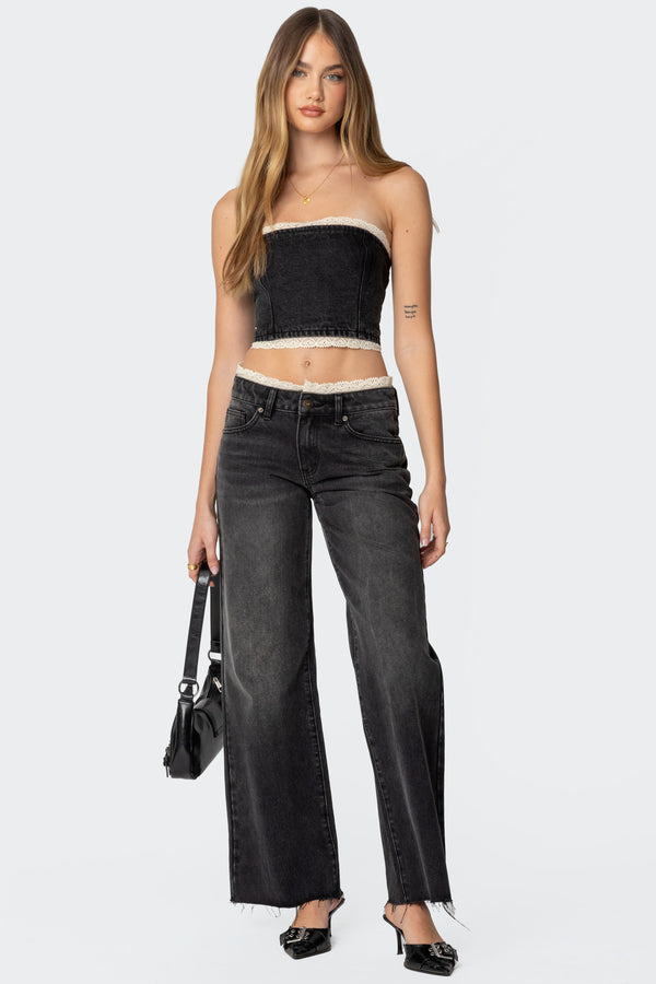 Edikted Karlie Lace Trim Denim Tube Top Black Washed