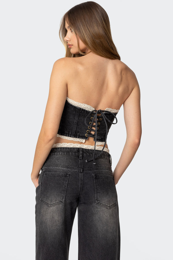 Edikted Karlie Lace Trim Denim Tube Top Black Washed