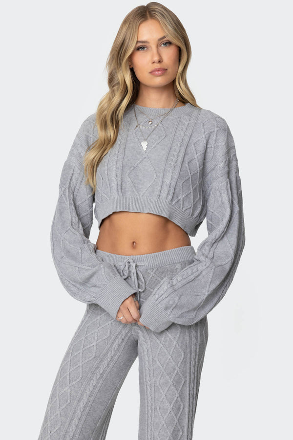 edikted Kasey Cable Knit Cropped Sweater gray melange