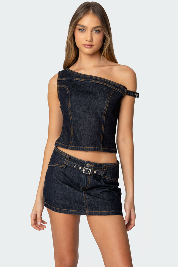 edikted Keira Buckled Asymmetric Denim Top dark blue