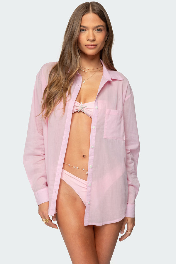 edikted Kellen Oversized Cotton Button Up Shirt pink