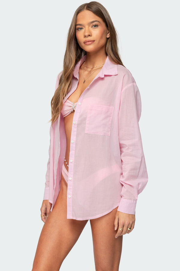 Edikted Kellen Oversized Cotton Button Up Shirt Pink