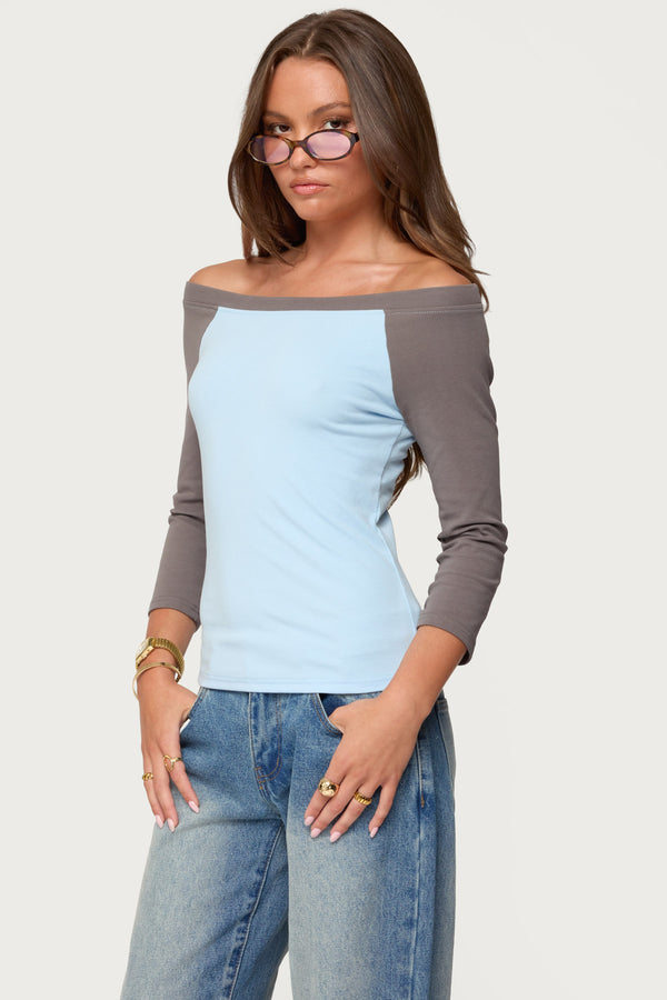 Edikted Keri Boat Neck Contrast Raglan Top Light Blue