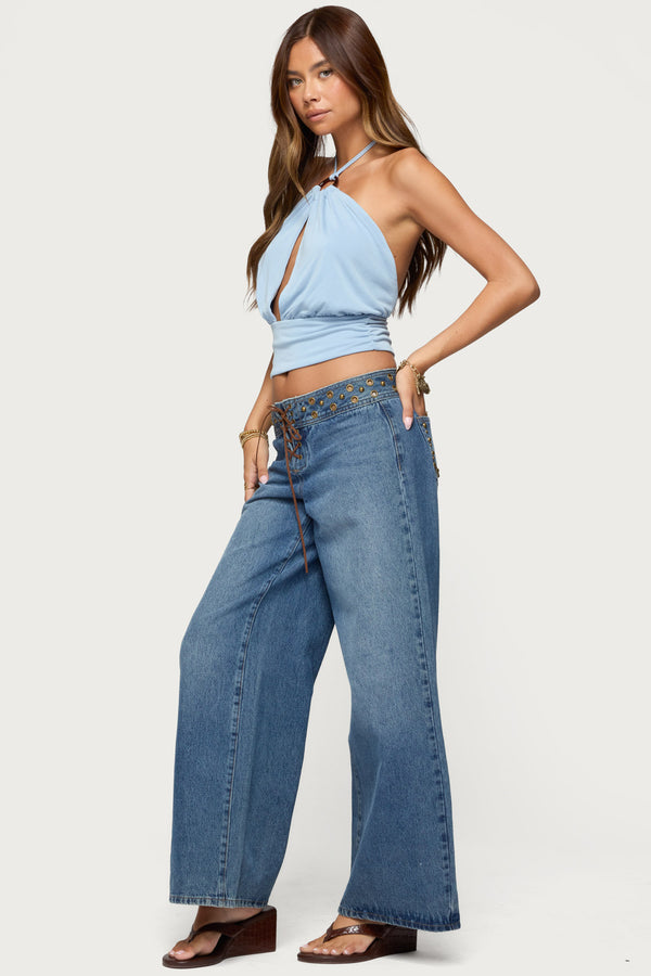 Edikted Khalia Backless Cut Out Halter Top Light Blue