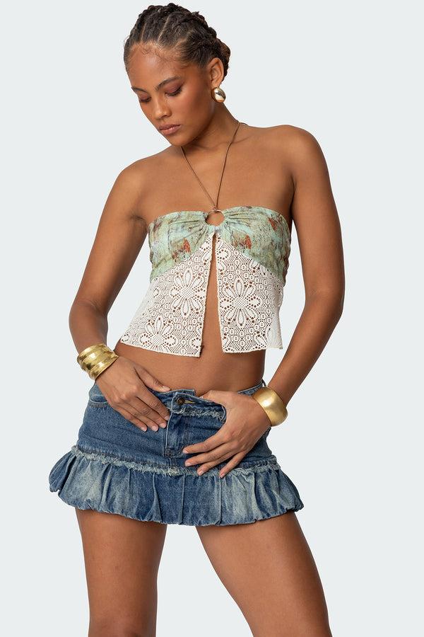 Edikted Kloe Backless Crochet Split Front Top Green