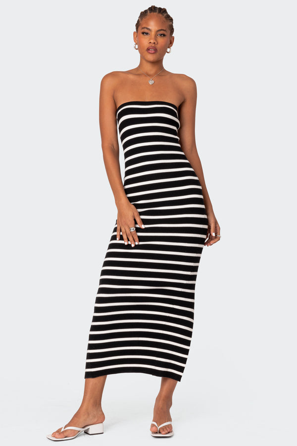 Edikted Knit Back Slitted Maxi Dress Black And White