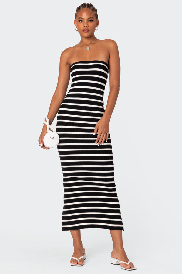 edikted Knit Back Slitted Maxi Dress black and white