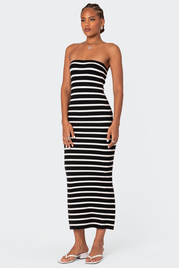 Edikted Knit Back Slitted Maxi Dress Black And White