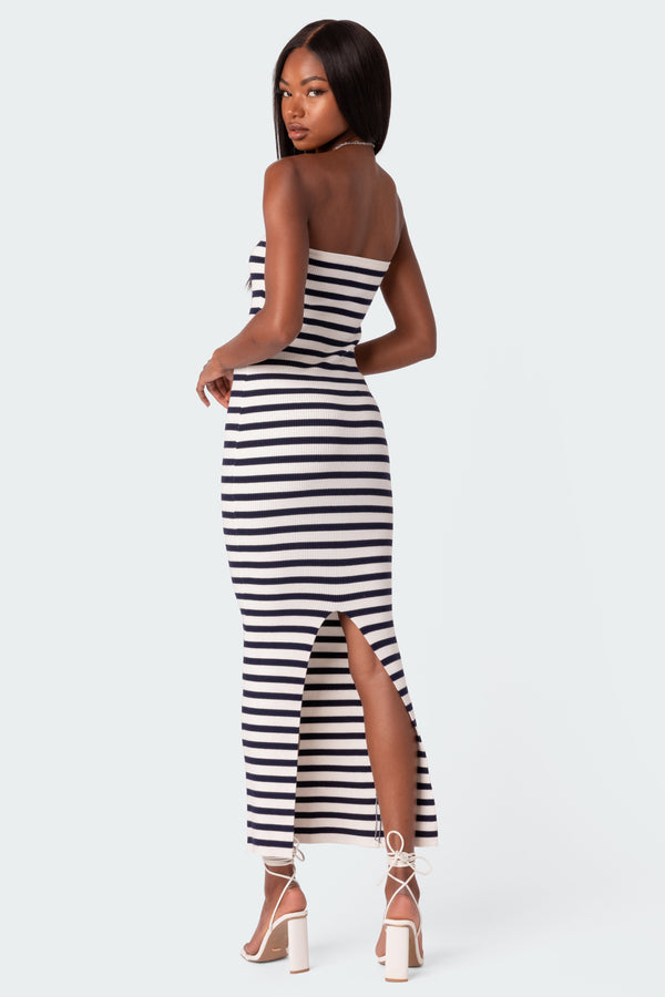 Edikted Knit Back Slitted Maxi Dress Navy And White