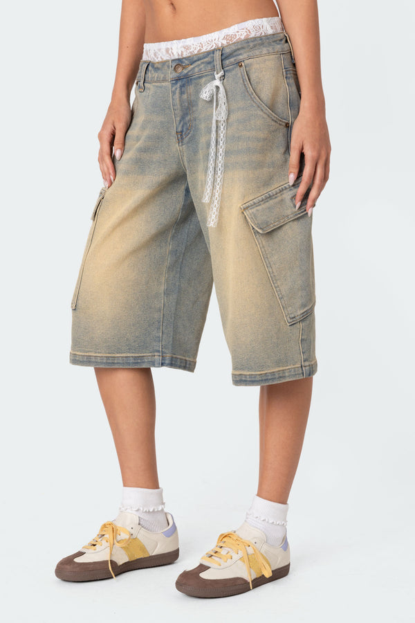 Edikted Lace Boxer Denim Bermuda Shorts Blue Vintage Washed