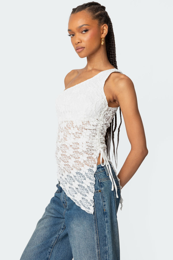 Edikted Lacey Sheer Asymmetric Drawstring Top Cream