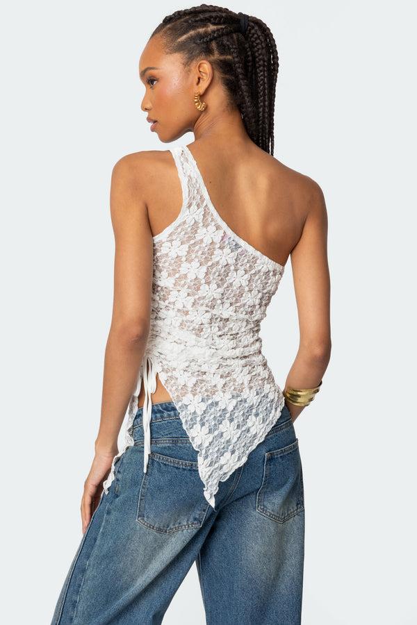 Edikted Lacey Sheer Asymmetric Drawstring Top Cream