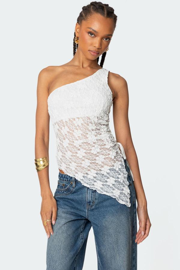 edikted Lacey Sheer Asymmetric Drawstring Top cream
