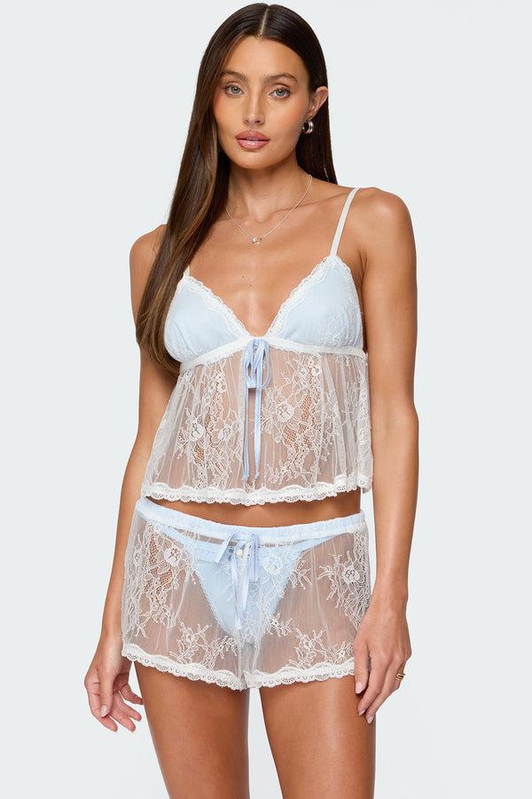 edikted Laina Contrast Sheer Lace Babydoll Top blue and white