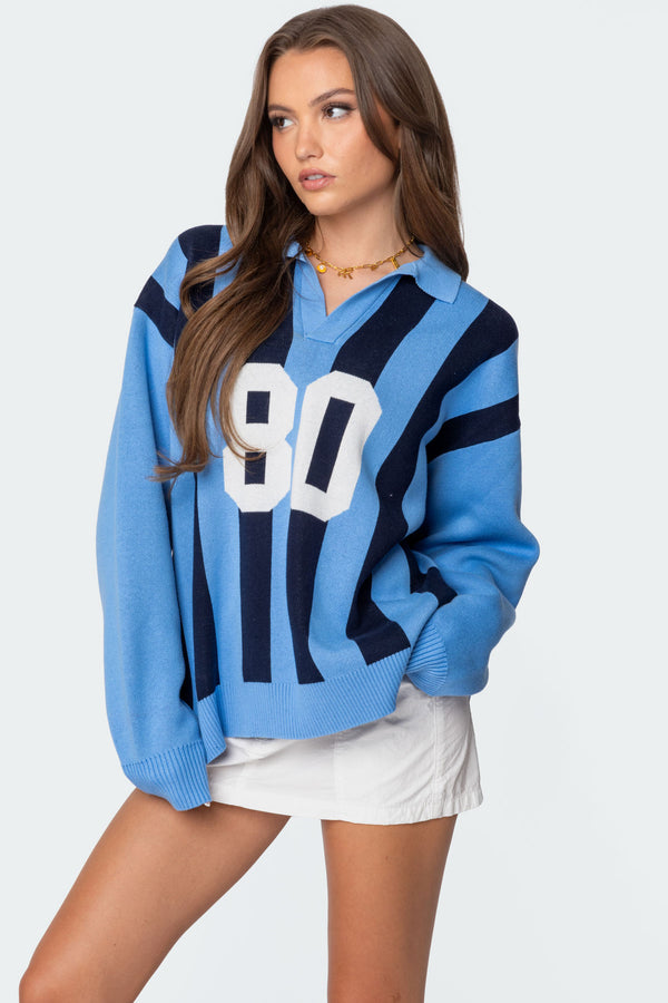 Edikted Larson Oversized Polo Sweater Blue And Navy