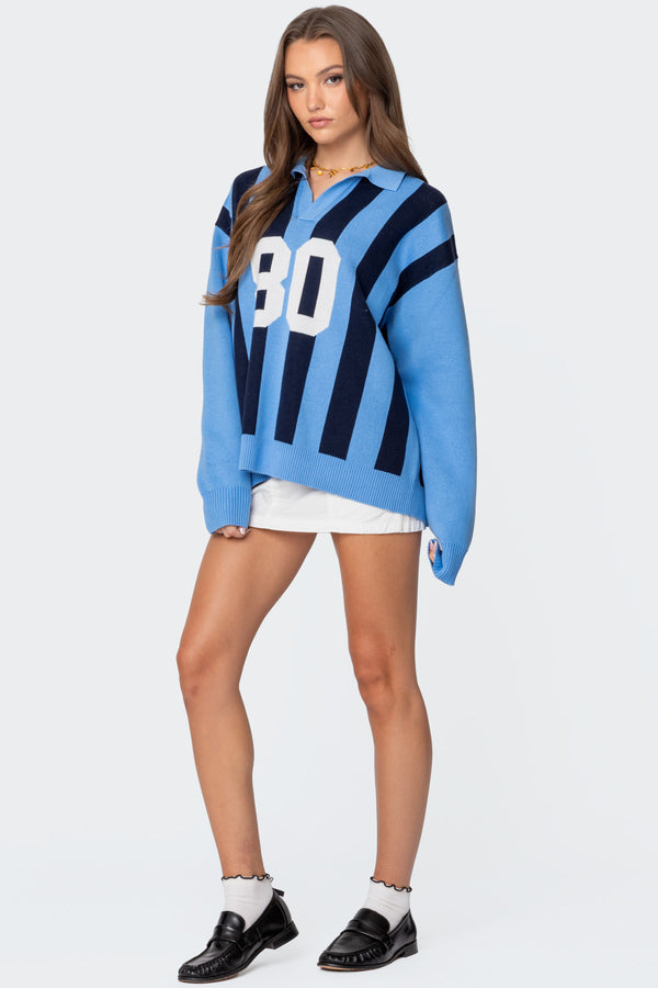 Edikted Larson Oversized Polo Sweater Blue And Navy