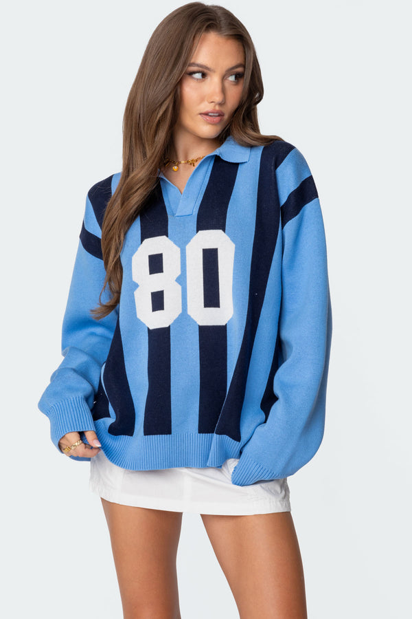 edikted Larson Oversized Polo Sweater blue and navy