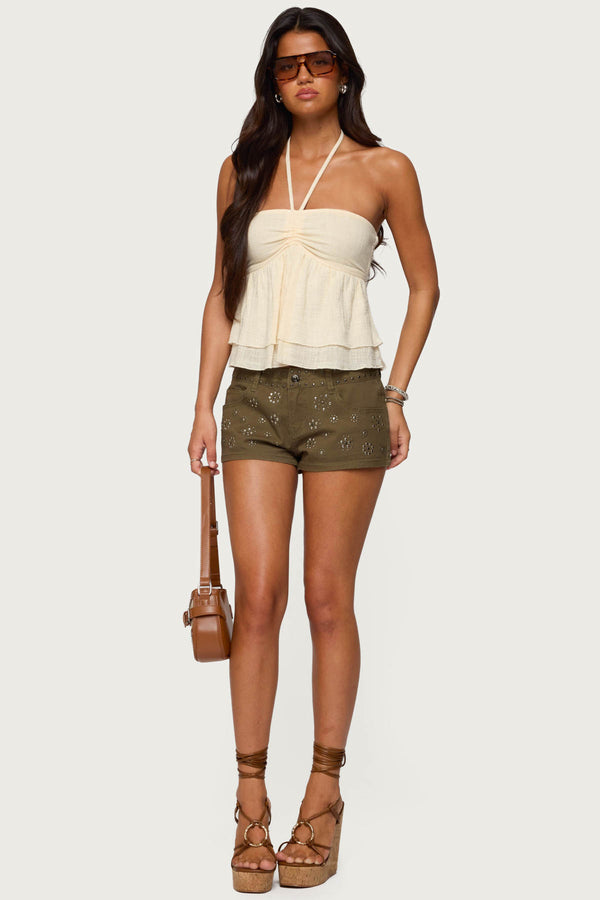 Edikted Layered Linen Look Babydoll Halter Top Cream