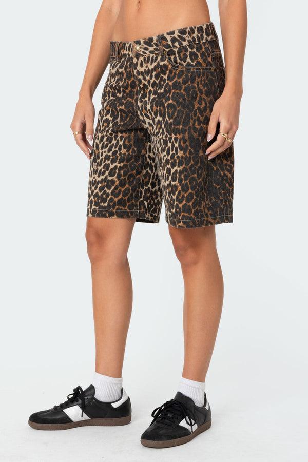 Edikted Leopard Low Rise Denim Bermuda Shorts Leopard