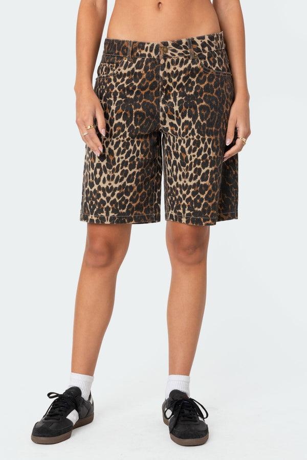 Edikted Leopard Low Rise Denim Bermuda Shorts Leopard