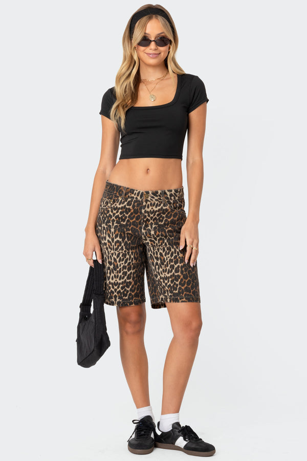 edikted Leopard Low Rise Denim Bermuda Shorts leopard