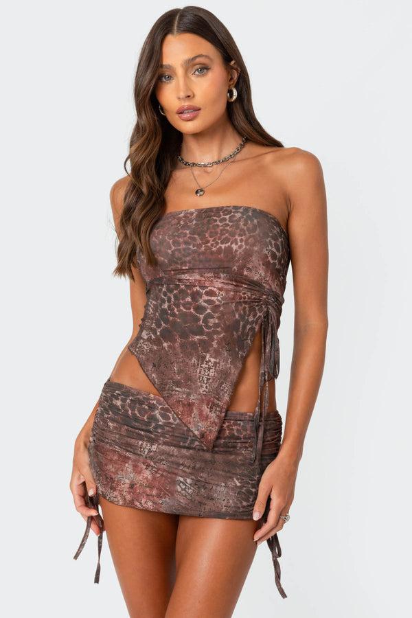 edikted Leopard printed asymmetric mesh tube top brown