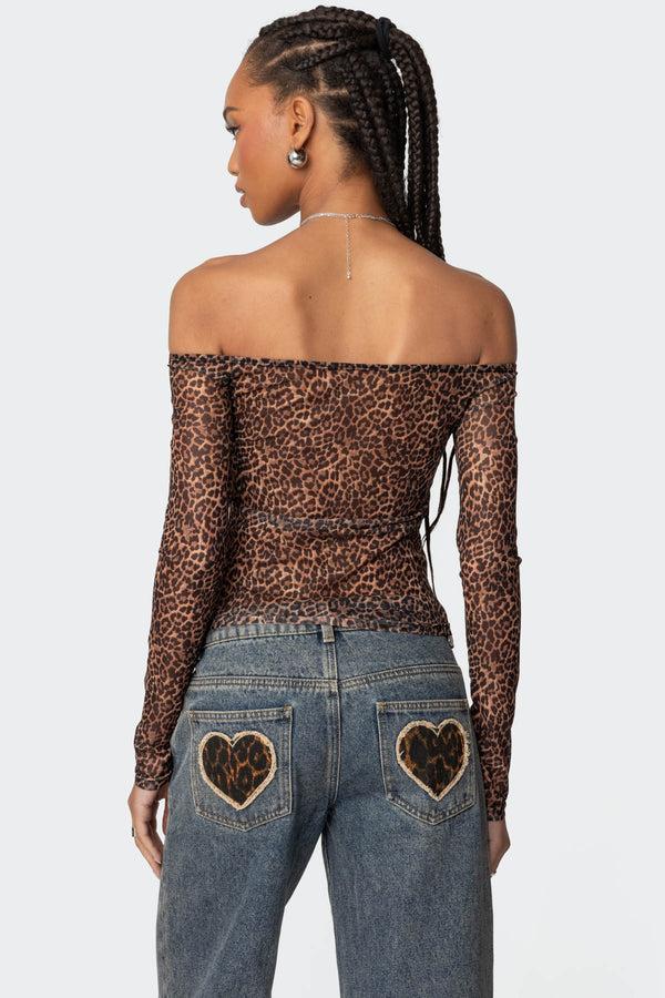 Edikted Leopard Sheer Mesh Off Shoulder Top Leopard
