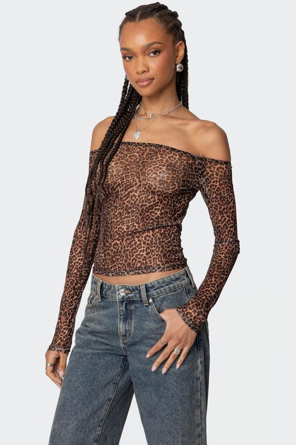 Edikted Leopard Sheer Mesh Off Shoulder Top Leopard