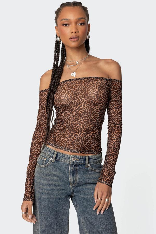 edikted Leopard Sheer Mesh Off Shoulder Top leopard