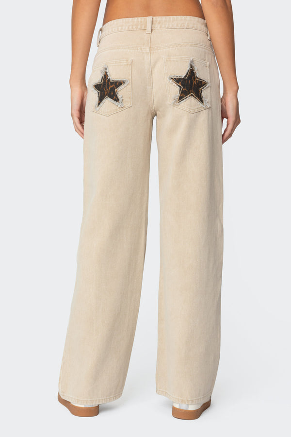 Edikted Leopard Star Low Rise Washed Jeans Beige Washed