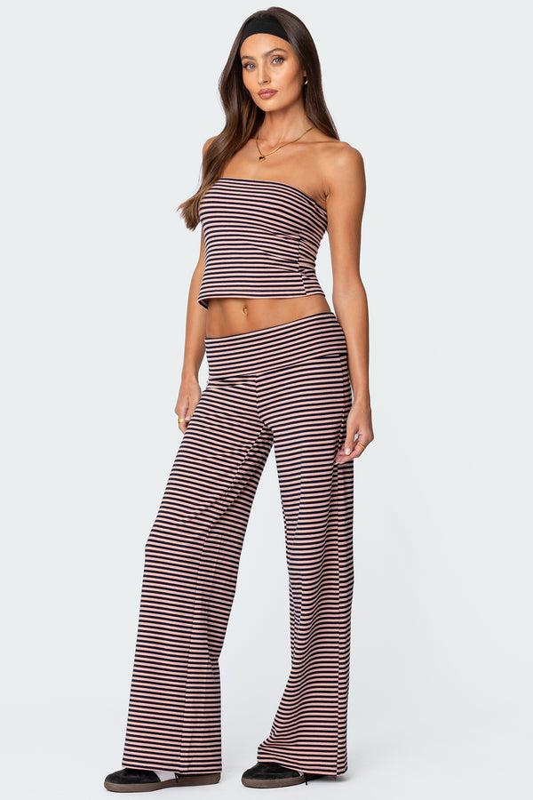 Edikted Lilah Striped Fold Over Pants Navy And Pink