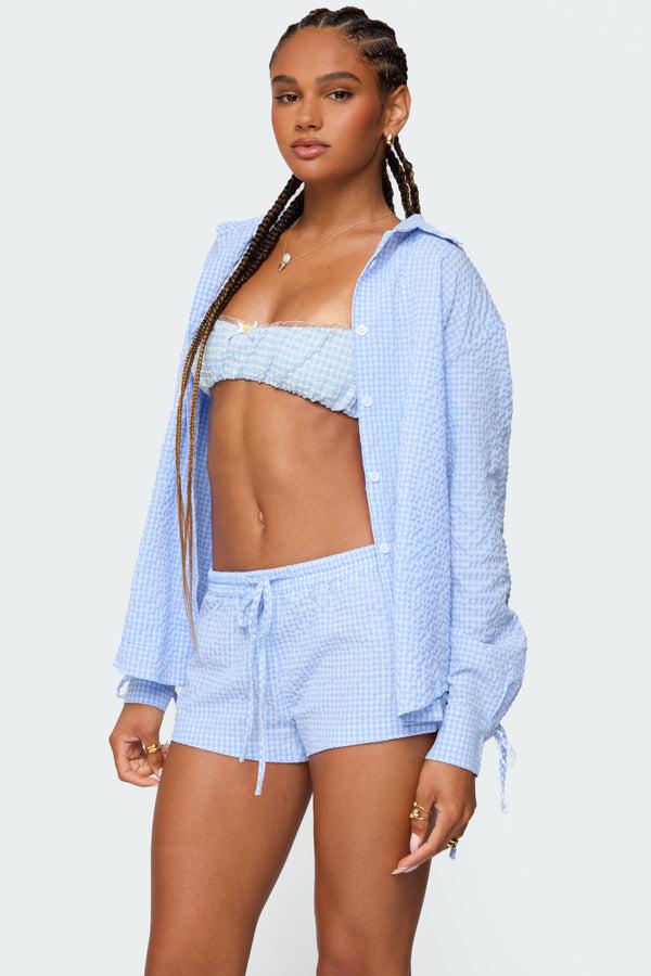 Edikted Lira Textured Gingham Button Up Shirt Light Blue