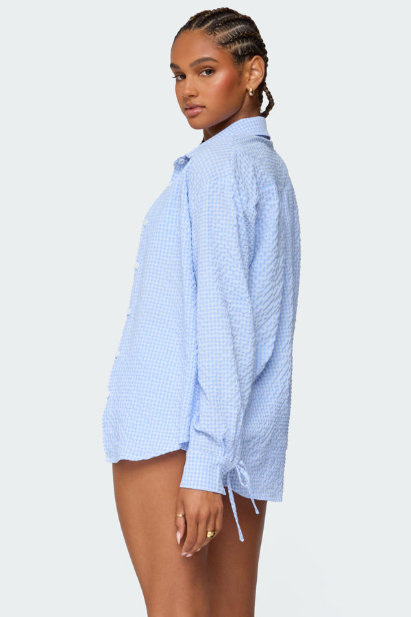 Edikted Lira Textured Gingham Button Up Shirt Light Blue