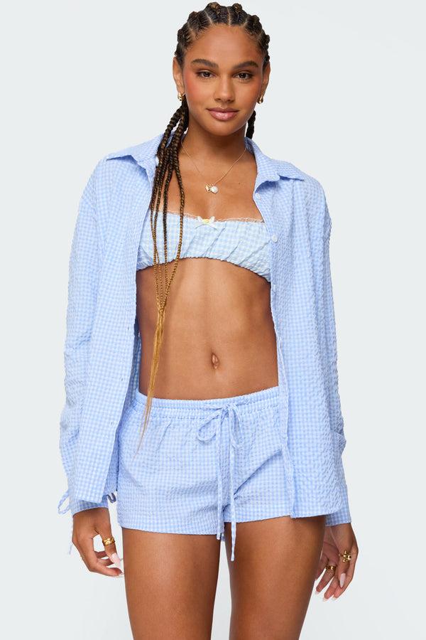 Edikted Lira Textured Gingham Button Up Shirt Light Blue