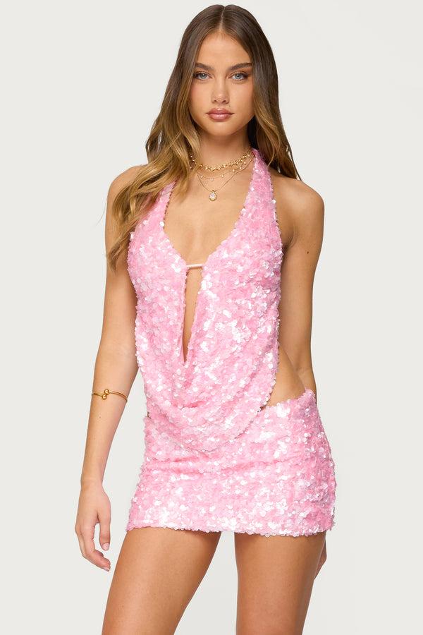 Edikted Lita Sequin Backless Cowl Neck Top Light Pink