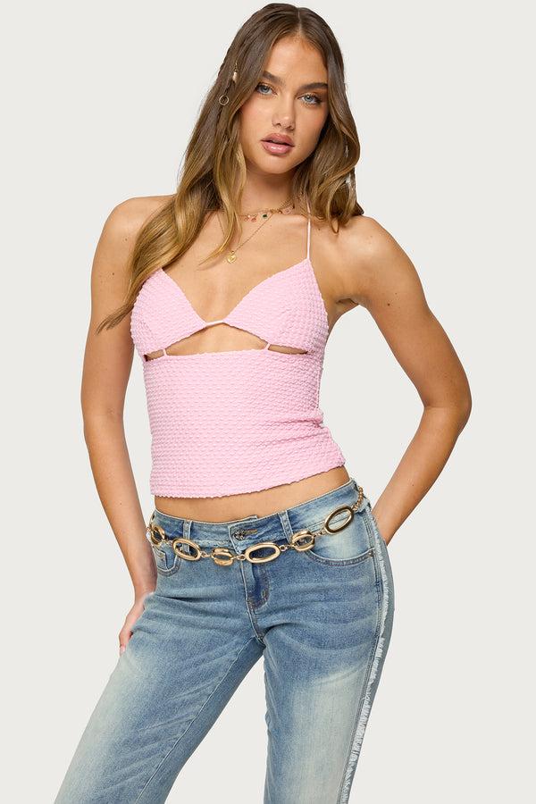 Edikted Lital Backless Cut Out Textured Top Light Pink