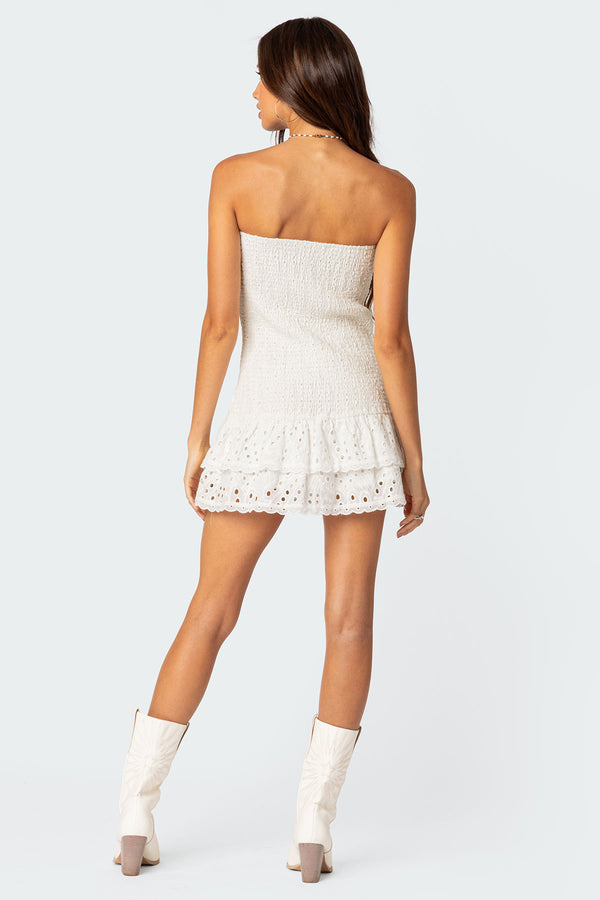 Edikted Livia Lacey Cotton Scrunch Mini Dress White