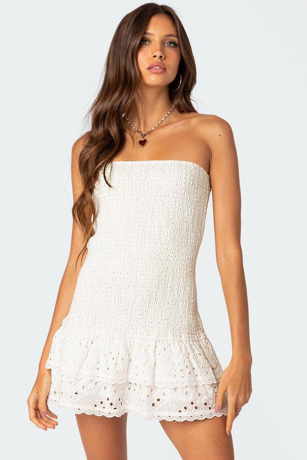 edikted Livia Lacey Cotton Scrunch Mini Dress white