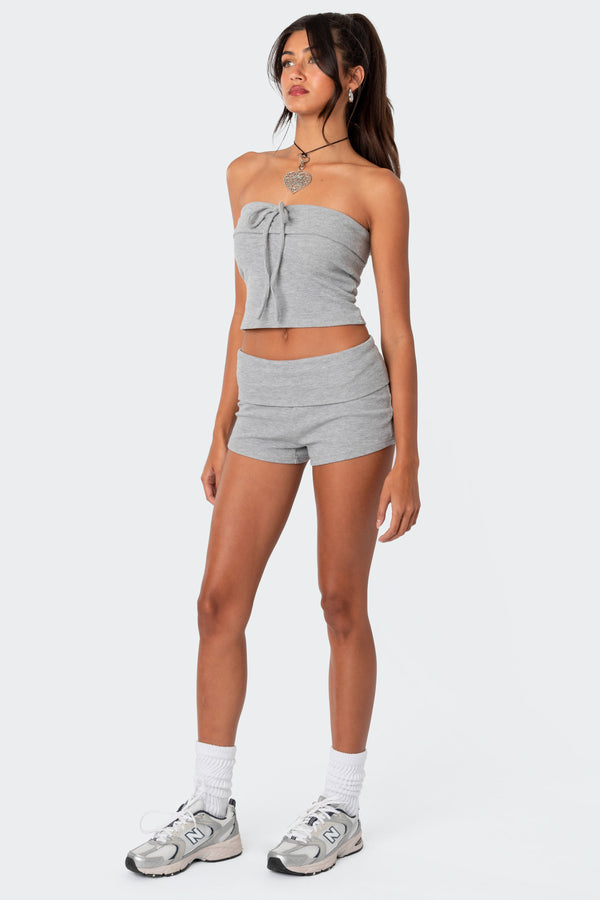 Edikted Lizzy Foldover Waffle Tube Top Gray Melange