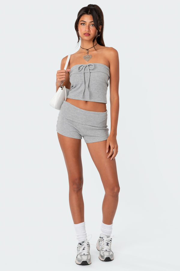 Edikted Lizzy Foldover Waffle Tube Top Gray Melange