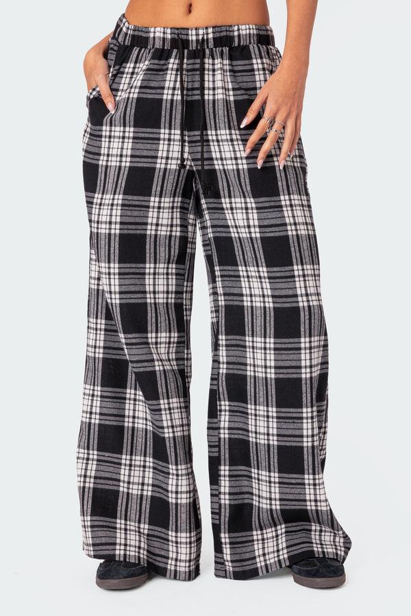 Edikted Lounge Around Plaid Wide Leg Pants Black And White