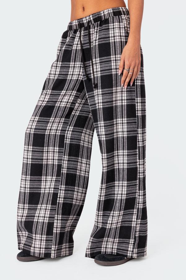 Edikted Lounge Around Plaid Wide Leg Pants Black And White
