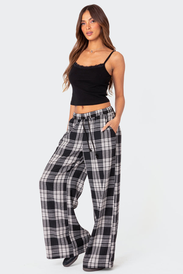 Edikted Lounge Around Plaid Wide Leg Pants Black And White