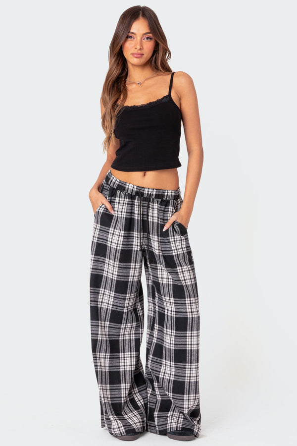 edikted Lounge Around Plaid Wide Leg Pants black and white